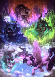 Size: 1020x1440 | Tagged: safe, artist:assasinmonkey, king sombra, nightmare moon, queen chrysalis, starlight glimmer, twilight sparkle, twilight sparkle (alicorn), alicorn, changeling, changeling queen, pony, the cutie re-mark, cloud, epic, female, fight, glowing horn, levitation, magic, mare, mare in the moon, moon, self-levitation, telekinesis