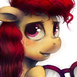 Size: 600x600 | Tagged: safe, artist:crookedtrees, twist, earth pony, pony, bust, female, filly, floppy ears, freckles, glasses, glasses off, mare, portrait, solo