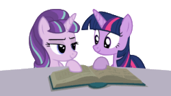 Size: 550x309 | Tagged: safe, artist:tiredbrony, starlight glimmer, twilight sparkle, twilight sparkle (alicorn), alicorn, pony, unicorn, the cutie re-mark, animated, blinking, blush sticker, blushing, book, cute, female, gif, glimmerbetes, kissing, lesbian, looking at each other, mare, open mouth, s5 starlight, shipping, simple background, smiling, surprise kiss, transparent background, twiabetes, twistarlight