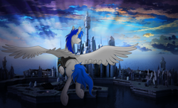 Size: 2000x1212 | Tagged: source needed, useless source url, safe, artist:asklevee, oc, oc only, oc:sapphire sights, pegasus, pony, atlantis, clothes, flying, gauges, hoodie, looking away, piercing, stargate, stargate atlantis, wings