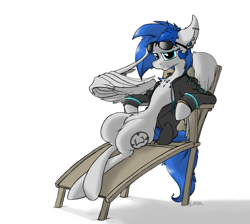 Size: 1216x1088 | Tagged: safe, artist:sinrar, oc, oc only, oc:sapphire sights, pegasus, pony, fallout equestria, bracelet, chair, clothes, jacket, piercing, solo, wings