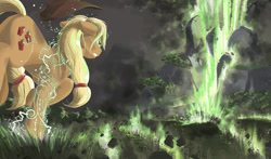 Size: 1920x1128 | Tagged: safe, artist:doomsp0rk, applejack, earth pony, pony, badass, butt, earth pony magic, earth pony master race, earthquake, female, floppy ears, glare, gritted teeth, magic, mare, plot, runes, solo