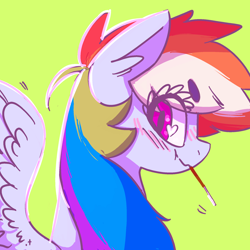 Size: 2000x2000 | Tagged: safe, artist:xieril, rainbow dash, pegasus, pony, :t, beanbrows, binary brush, blushing, chewing, color porn, colored, cute, dashabetes, eye clipping through hair, eyelashes, eyestrain warning, floppy ears, food, heart eyes, long mane, looking at you, looking back, nom, pastel, pocky, scrunchy face, smiling, solo, spread wings, sweet dreams fuel, wingding eyes