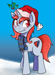 Size: 800x1100 | Tagged: safe, alternate version, artist:monanniverse, derpibooru exclusive, oc, oc only, oc:mona, pony, unicorn, blushing, clothes, cute, female, hat, holly, holly mistaken for mistletoe, looking back, mare, mistleholly, raised hoof, santa hat, scarf, smiling, solo