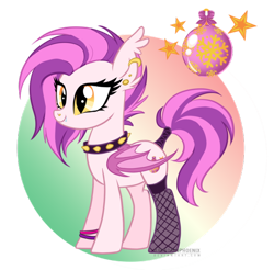 Size: 600x590 | Tagged: safe, artist:arcadianphoenix, oc, oc only, oc:jingle bell rock, bat pony, pony, adoptable, bat pony oc, choker, clothes, cute, cutie mark, ear piercing, earring, female, fishnet stockings, mare, ocbetes, piercing, punk, smiling, solo, spiked choker, stockings, tail wrap, wristband