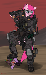 Size: 2493x4000 | Tagged: safe, artist:orang111, pinkie pie, anthro, plantigrade anthro, the cutie re-mark, alternate timeline, apinkalypse pie, armor, as val, assault rifle, badass, call of duty, call of duty advanced warfare, crystal war timeline, elcan, exosuit, gun, hud, pinkamena diane pie, powered exoskeleton, rifle, russian, sombra soldier, visor, weapon