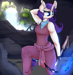 Size: 2500x2550 | Tagged: safe, artist:madacon, edit, rarity, oc, oc:ivory, anthro, plantigrade anthro, alternate universe, armpits, cave, pickaxe, solo, ultimare universe, waterfall