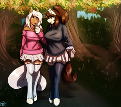 Size: 1635x1450 | Tagged: safe, artist:avante92, oc, oc only, oc:colette laitier, oc:sundae, anthro, earth pony, unguligrade anthro, anthro oc, autumn, clothes, forest, smoothie, sweater, walking
