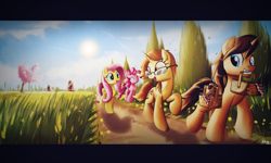 Size: 2200x1319 | Tagged: safe, artist:ruhisu, fluttershy, pinkie pie, oc, earth pony, pegasus, pony, unicorn, canon x oc, cherry blossoms, commission, cutie mark, female, flower, friends, glasses, group, male, mare, meadow, path, picnic basket, shipping, spring, stallion, sunny, walking, windmill