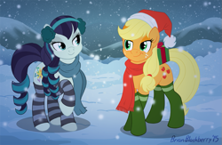 Size: 863x563 | Tagged: safe, artist:brianblackberry, applejack, coloratura, earth pony, pony, the mane attraction, christmas, clothes, earmuffs, female, freckles, hat, lesbian, mare, present, raised hoof, rara, rarajack, santa hat, scarf, shipping, smiling, snow, snowfall, socks, striped socks, winter