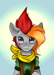 Size: 1182x1639 | Tagged: safe, artist:zira, oc, oc only, oc:grai, pony, camp camp, clothes, crossover, grey skin, male, orange hair, purple eyes, red hair, uniform