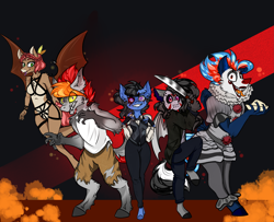 Size: 3623x2946 | Tagged: safe, artist:zira, oc, oc only, oc:black the dragon, oc:grai, oc:zira, pony, bdsm, black hair, blue skin, clothes, eddie gluskin, grey skin, halloween, holiday, it, jason, male, ocs everywhere, orange hair, outlast, outlast: whistleblower, pennywise, purple eyes, red hair, uniform