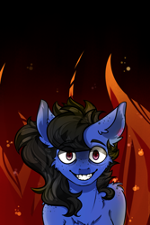 Size: 2000x3000 | Tagged: safe, artist:zira, oc, oc only, oc:zira, pony, black hair, blue skin, creepy, creepy smile, evil, female, fire, liar, purple eyes, smiling, solo