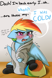 Size: 3600x5400 | Tagged: safe, artist:captainpudgemuffin, rainbow dash, pegasus, pony, blushing, clothes, cold, cute, dashabetes, dialogue, female, floppy ears, hoodie, looking at you, mare, open mouth, sitting, socks, solo, sweater, sweet dreams fuel, tsunderainbow, tsundere