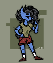 Size: 1112x1302 | Tagged: safe, artist:zira, oc, oc only, oc:zira, pony, black hair, blue skin, camp camp, clothes, crossover, digital art, purple eyes