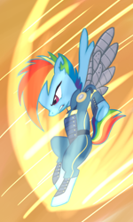 Size: 900x1500 | Tagged: safe, artist:vistamage, rainbow dash, pegasus, pony, the cutie re-mark, action pose, alternate timeline, amputee, apocalypse dash, augmented, crystal war timeline, prosthetic limb, prosthetic wing, prosthetics, solo