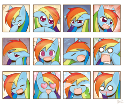 Size: 1785x1500 | Tagged: safe, artist:howxu, rainbow dash, pegasus, pony, :3, :d, :o, angry, blood, blushing, bored, crying, cute, dashabetes, embarrassed, expressions, eyes closed, eyes on the prize, female, floppy ears, frown, glare, grin, happy, heart eyes, looking at you, mare, nosebleed, ocular gushers, open mouth, sad, screaming, shocked, sleeping, smiling, solo, wide eyes, wingding eyes, yelling, zzz