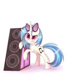 Size: 900x1000 | Tagged: safe, artist:riouku, dj pon-3, vinyl scratch, pony, unicorn, bipedal leaning, blushing, cute, drop the bass, female, grin, mare, solo, speaker, sunglasses, vinylbetes