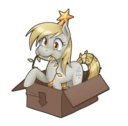 Size: 1280x1261 | Tagged: safe, artist:nauth, derpy hooves, pegasus, pony, box, christmas, cute, decoration, delivery pony, derpabetes, female, mare, pony in a box, simple background, solo, stars, white background