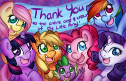 Size: 2040x1320 | Tagged: safe, artist:abbystarling, applejack, fluttershy, pinkie pie, rainbow dash, rarity, spike, twilight sparkle, twilight sparkle (alicorn), alicorn, dragon, earth pony, pegasus, pony, unicorn, :d, cute, end of ponies, female, looking at you, mane seven, mane six, mare, open mouth, smiling, sweet dreams fuel, thank you, waving