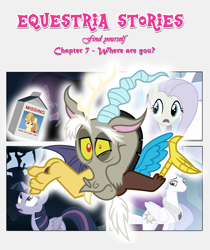 Size: 1919x2282 | Tagged: safe, artist:estories, discord, fluttershy, princess celestia, twilight sparkle, twilight sparkle (alicorn), oc, oc:alice goldenfeather, oc:penumbra, alicorn, pegasus, pony, comic:find yourself, comic, milk carton, missing