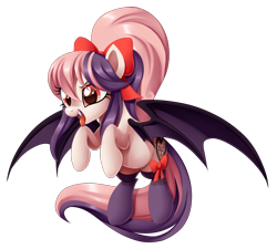 Size: 2000x1797 | Tagged: safe, artist:centchi, oc, oc only, oc:sweet velvet, bat pony, pony, bow, clothes, cute, fangs, hair bow, ponytail, ribbon, simple background, socks, solo, spread wings, tongue out, transparent background