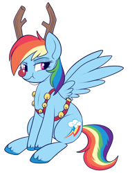 Size: 500x656 | Tagged: safe, artist:lulubell, rainbow dash, deer, pegasus, pony, reindeer, antlers, backwards cutie mark, bell, female, harness, mare, puffy cheeks, red nose, reindeer dash, rudolph dash, simple background, solo, tack, transparent background, tsunderainbow, unamused