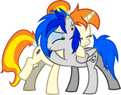 Size: 2959x2319 | Tagged: safe, artist:outlawedtofu, oc, oc only, oc:greaser, oc:sapphire sights, pegasus, pony, unicorn, bridge piercing, cute, ear piercing, eyebrow piercing, gauges, hug, piercing, simple background, tail wrap, transparent background, vector