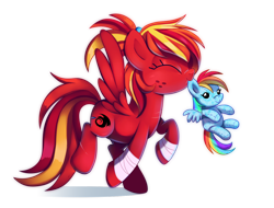 Size: 1280x971 | Tagged: safe, artist:pepooni, rainbow dash, oc, oc:fire strike, pegasus, pony, eyes closed, mouth hold, plushie