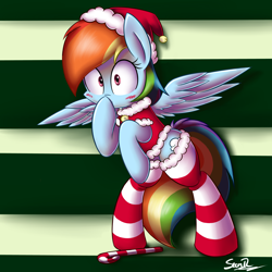 Size: 5000x5000 | Tagged: safe, artist:sheandog, rainbow dash, pegasus, pony, absurd resolution, blushing, candy, candy cane, christmas, clothes, cute, food, hat, santa costume, santa hat, socks, solo, striped socks