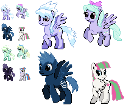 Size: 612x522 | Tagged: safe, artist:dmn666, blossomforth, cloudchaser, flitter, star hunter, pixel art, pokémon, ponymon, shiny pokémon, simple background, transparent background