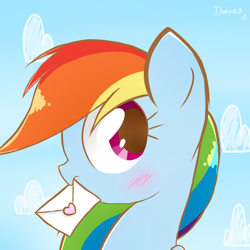 Size: 1500x1500 | Tagged: safe, artist:darkynez, rainbow dash, pegasus, pony, blushing, bust, cute, dashabetes, envelope, letter, love letter, mouth hold, portrait, profile, solo