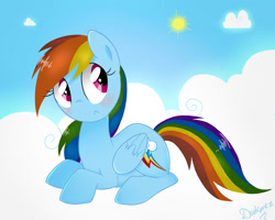 Size: 2000x1600 | Tagged: safe, artist:darkynez, rainbow dash, pegasus, pony, blue coat, cloud, female, mare, multicolored mane, solo