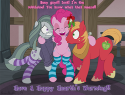 Size: 1421x1085 | Tagged: safe, artist:brianblackberry, big macintosh, marble pie, pinkie pie, pony, bipedal, bottomless, clothes, eyes closed, female, hearth's warming eve, male, marblemac, mistletoe, partial nudity, shipper on deck, shipping, socks, straight, striped socks, sweater, unshorn fetlocks