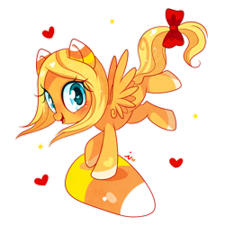 Size: 1000x1000 | Tagged: safe, artist:ipun, oc, oc only, oc:candy corn, pegasus, pony, blushing, bow, candy, candy corn, female, food, heart, heart eyes, looking at you, open mouth, simple background, smiling, solo, tail bow, transparent background, wingding eyes