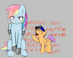 Size: 962x775 | Tagged: safe, artist:owlnon, rainbow dash, scootaloo, pegasus, pony, arrested, blushing, bondage, bondage cuffs, bondage gear, bound wings, cuffs, miranda rights, prisoner rd