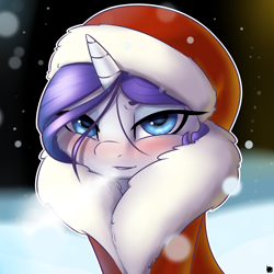 Size: 3600x3600 | Tagged: safe, artist:captainpudgemuffin, rarity, pony, unicorn, beautiful, bedroom eyes, blushing, christmas, clothes, coat, cute, female, fluffy, hat, looking at you, mare, raribetes, santa costume, santa hat, snow, snowfall, solo, sweet dreams fuel, winter, winter outfit