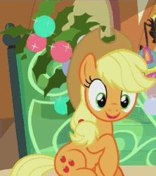 Size: 250x281 | Tagged: safe, screencap, applejack, lemon hearts, pinkie pie, earth pony, pony, hearthbreakers, animated, laughing, magic, multi image animation, newspaper, nose in the air, talking, telekinesis, volumetric mouth