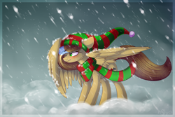 Size: 1024x683 | Tagged: safe, artist:starlyflygallery, oc, oc only, oc:ketchup, pegasus, pony, clothes, hat, scarf, snow, snowfall, solo, winter