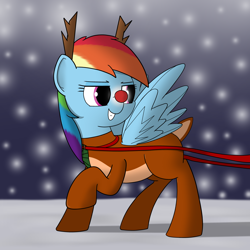 Size: 4000x4000 | Tagged: safe, artist:ashtoneer, rainbow dash, pegasus, pony, absurd resolution, clothes, cosplay, costume, reindeer dash, rudolph dash, rudolph the red nosed reindeer, sleigh, smiling, snow, snowfall, solo