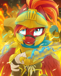 Size: 1600x2000 | Tagged: safe, artist:equestria-prevails, oc, oc only, oc:fire strike, pegasus, pony, armor, awesome, fire, helmet, hoof blades, hud