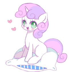 Size: 500x510 | Tagged: safe, artist:yuzuko, sweetie belle, pony, unicorn, blank flank, blushing, cute, diasweetes, female, filly, heart, open mouth, pillow, pixiv, simple background, solo, white background