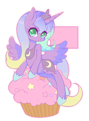 Size: 1100x1500 | Tagged: safe, artist:yuzuko, princess luna, alicorn, pony, cupcake, female, filly, mare, pixiv, s1 luna, solo, woona