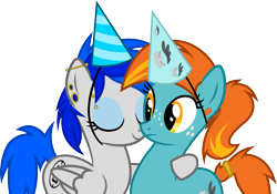 Size: 1956x1370 | Tagged: safe, artist:outlawedtofu, oc, oc only, oc:sapphire sights, oc:swift note, pegasus, pony, unicorn, bridge piercing, ear piercing, eyebrow piercing, freckles, gauges, hairband, hat, hug, party hat, piercing, simple background, tail tied, transparent background, vector