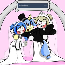 Size: 2000x2000 | Tagged: safe, artist:fullmetalpikmin, oc, oc only, oc:cherry blossom, oc:mal, oc:viewing pleasure, blushing, clothes, dress, embarrassed, milestone, suit, tumblr, tumblr:ask viewing pleasure, wedding dress