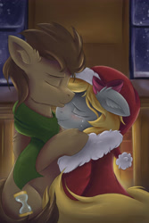 Size: 3000x4500 | Tagged: safe, artist:ardail, derpy hooves, doctor whooves, pegasus, pony, christmas, clothes, crying, cute, derpabetes, doctorbetes, doctorderpy, female, hat, hearth's warming eve, heartwarming, hug, kissing, male, mare, romance, santa hat, scarf, shipping, straight