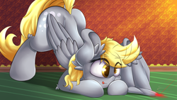 Size: 4000x2250 | Tagged: safe, artist:madacon, derpy hooves, pegasus, pony, behaving like a cat, cute, derpabetes, face down ass up, female, laser pointer, mare, solo, tongue out, wing hands