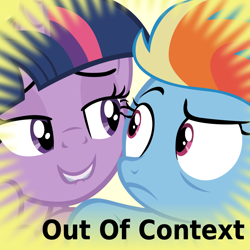 Size: 1024x1024 | Tagged: safe, artist:dtkraus, edit, edited screencap, screencap, rainbow dash, twilight sparkle, twilight sparkle (alicorn), alicorn, pegasus, pony, the cutie re-mark, bedroom eyes, caption, derpibooru, eye contact, female, i am an adult, i need an adult, lesbian, lip bite, mare, meta, official spoiler image, out of context, shipping, smiling, spoilered image joke, twidash, twilest dashle, twilight is a foal fiddler