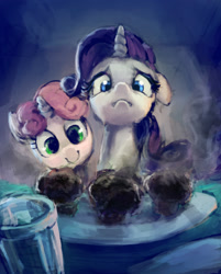 Size: 1280x1590 | Tagged: safe, artist:hunternif, rarity, sweetie belle, pony, unicorn, :c, baked bads, burned, c:, cute, diasweetes, female, filly, floppy ears, food, frown, mare, muffin, rarity looking at food, sisters, smiling, sweetie belle can't cook, sweetie fail, tabun art-battle, this will end in tears and/or breakfast, wide eyes