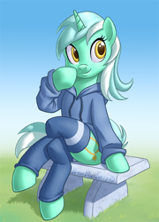 Size: 386x536 | Tagged: safe, artist:brianblackberry, lyra heartstrings, pony, semi-anthro, unicorn, bottomless, clothes, crossed legs, female, hoodie, mare, partial nudity, sitting, smiling, socks, solo, thigh highs